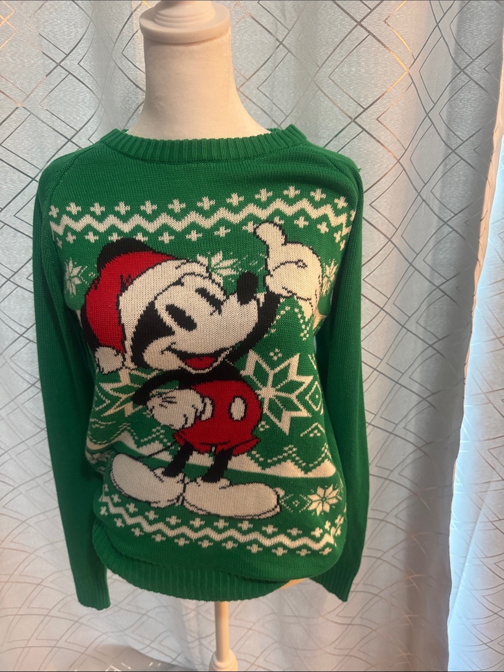 Disney Green Mickey Mouse Holiday Crewneck Sweater with Red Accents